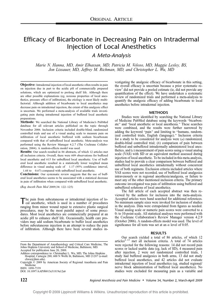 Efficacy of Bicarbonate in Decreasing Pain On Intradermal Injection of