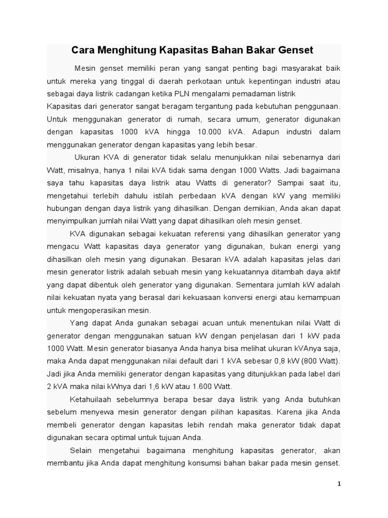 Cara Menghitung Kapasitas Bahan Bakar Genset | PDF