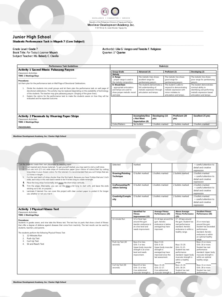 Junior High School Students' Performance Tasks in Music, Crafts, and ...