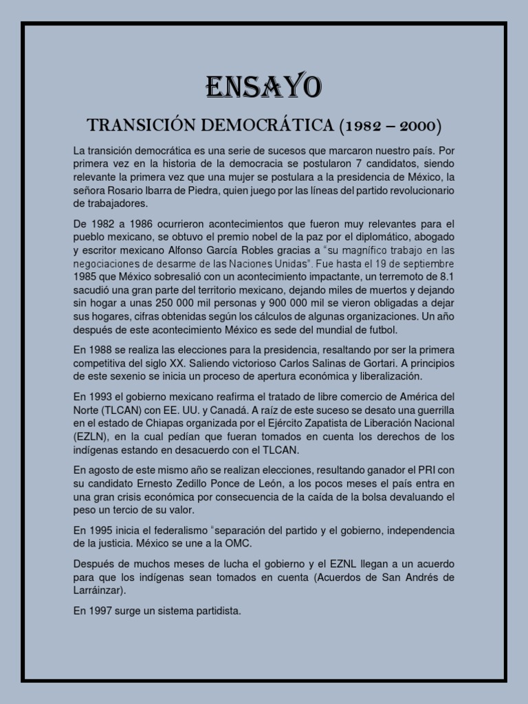 Ensayo Transición Democrática (1982 - 2000) y Alternancia en El Poder ...