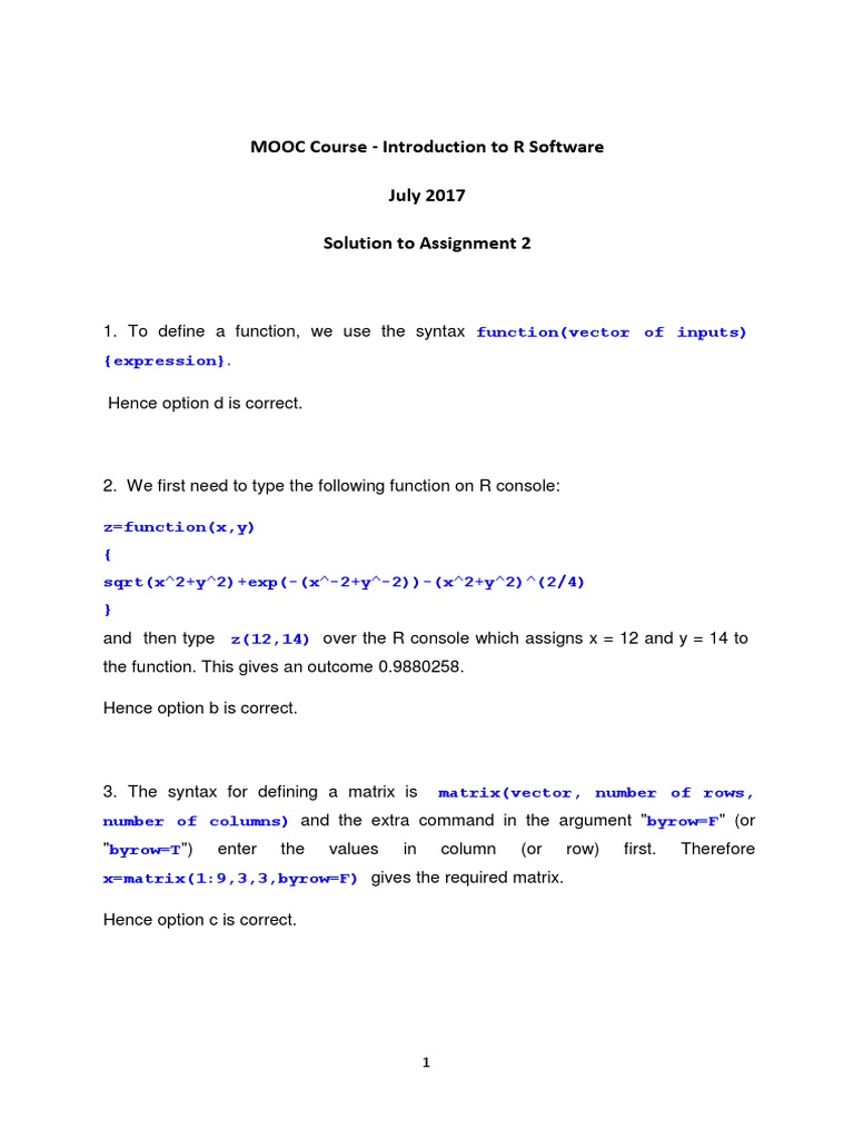 MOOC Course - Introduction To R Software July 2017 Solution To ...