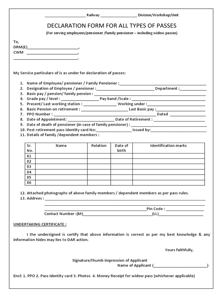 Declaration Form For All Types of Passes Railway
