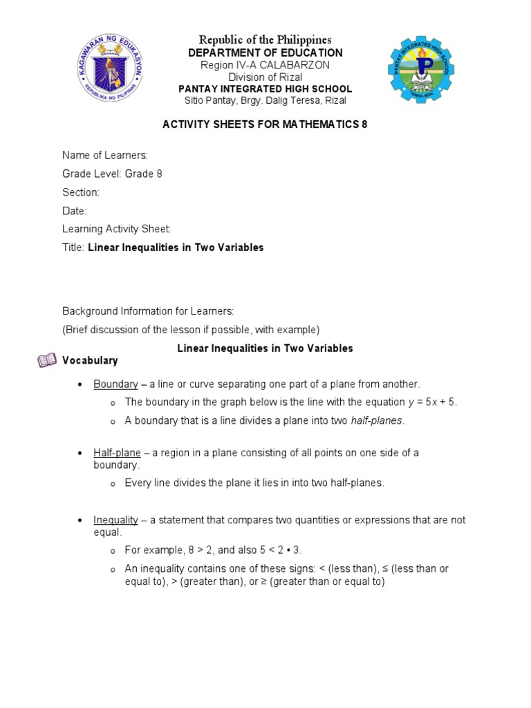 Linear Inequalities for Grade 8 Math | PDF | Inequality (Mathematics ...