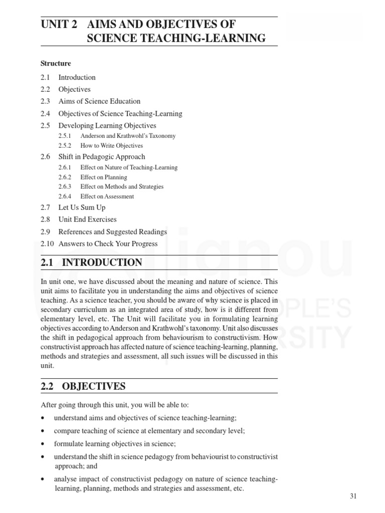 Unit 2 Aims and Objectives of Science Teaching-Learning: Structure ...