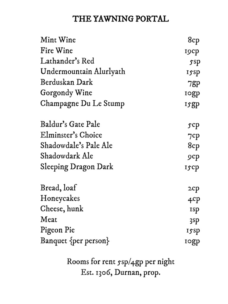 Yawning Portal Menu | PDF