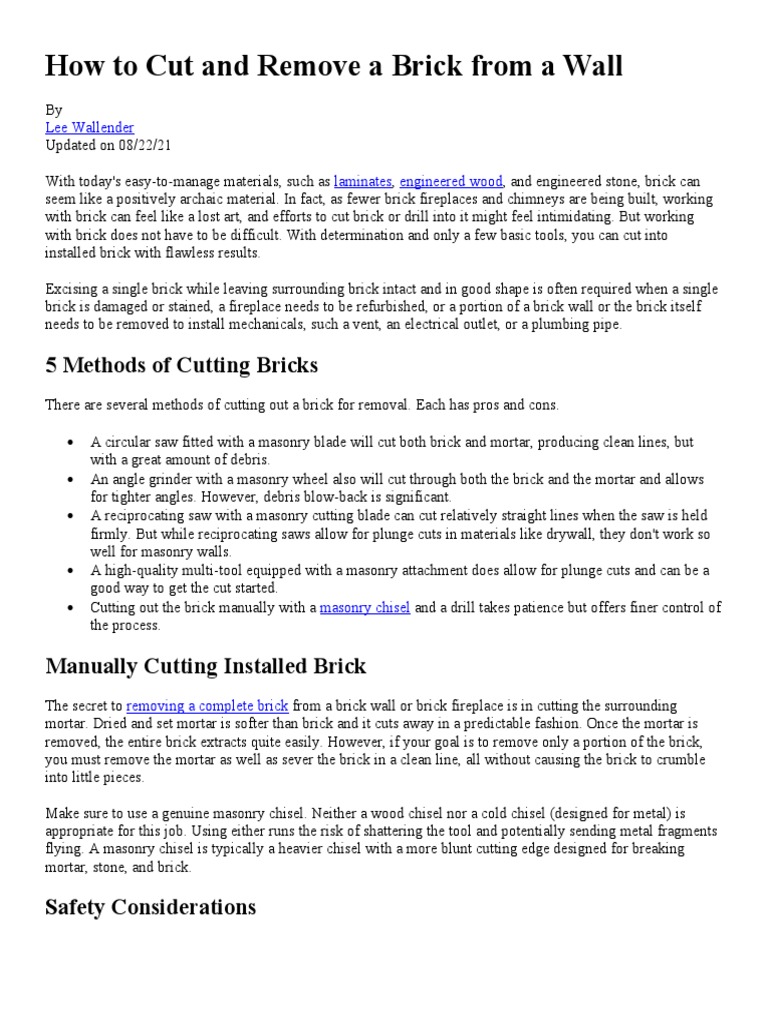 How To Cut and Remove A Brick From A Wall PDF Brick Drill