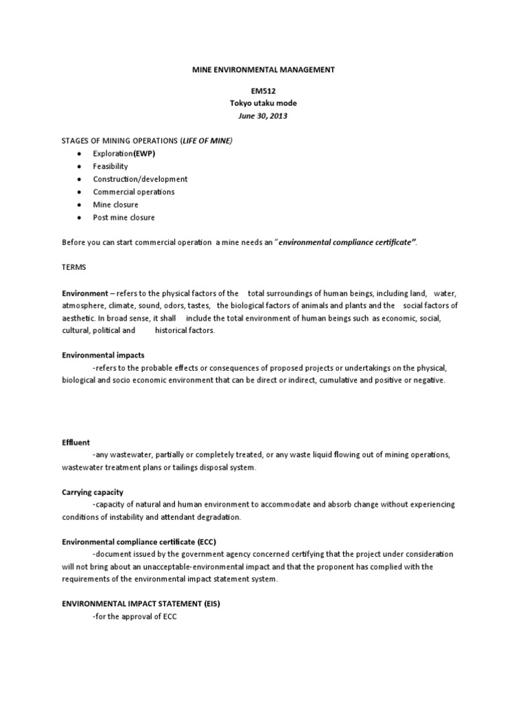 Mine Environmental Management Pdf Environmental Impact Assessment