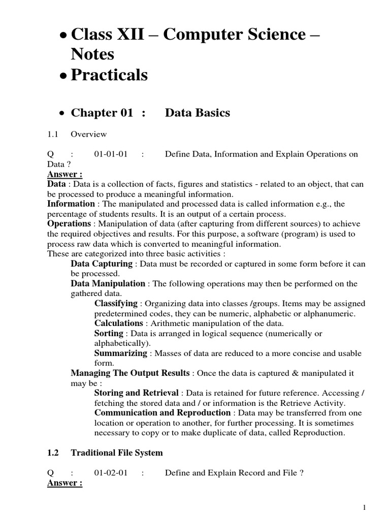 Notes: Class XII - Computer Science - Practicals | PDF | Databases ...