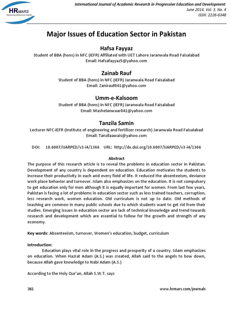 Major Issues of Education Sector in Pakistan | PDF | Teachers ...