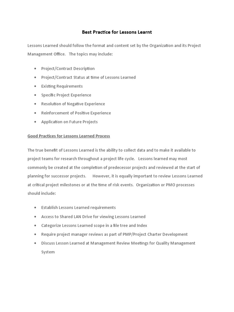 Best Practices for Lessons Learned | PDF