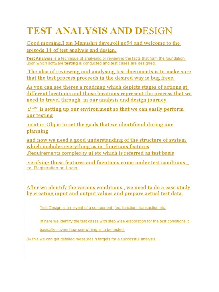 Test Analysis and Design PDF Software Testing Systems Theory