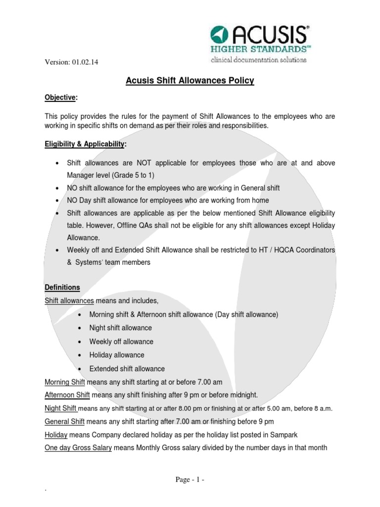 Acusis Shift Allowances Policy Overview | PDF | Labor | Employee Relations
