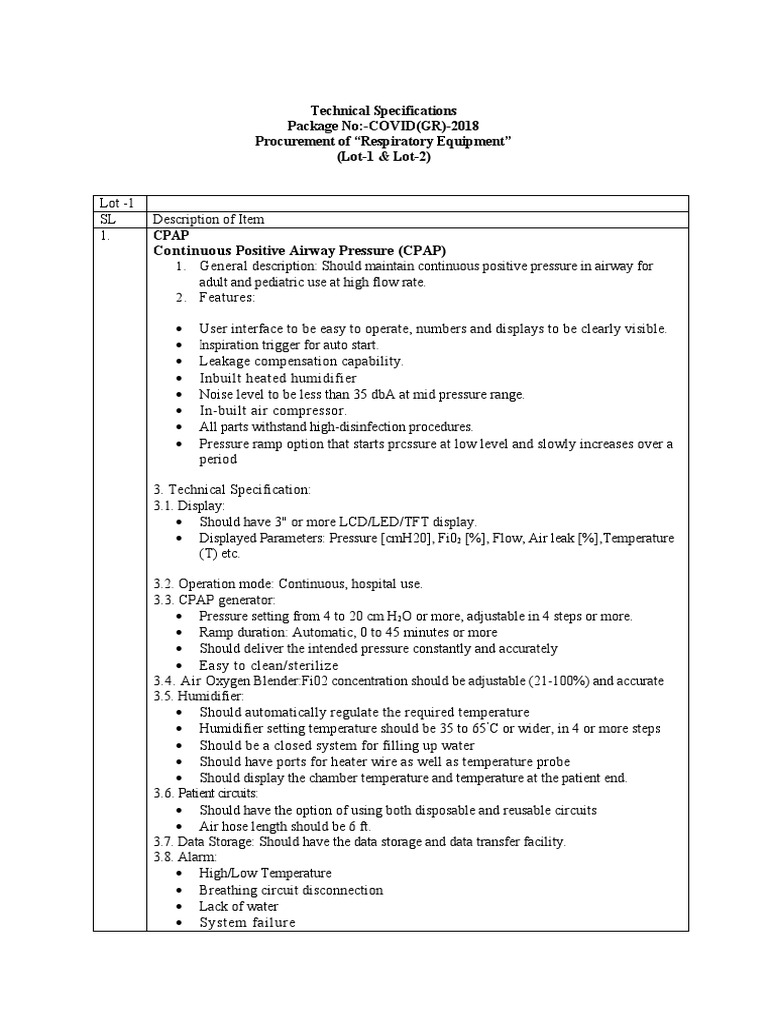 Procurement Specifications for Respiratory Equipment including CPAP and BiPAP Machines PDF