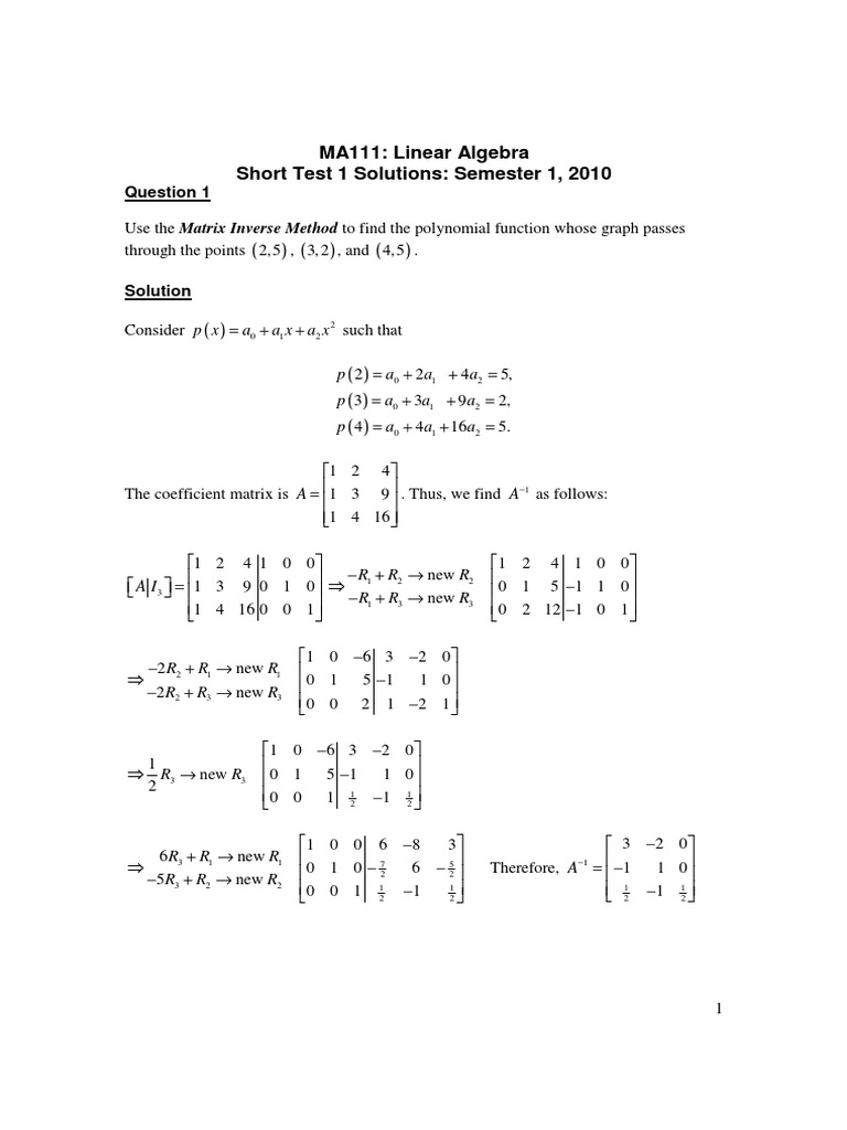 MA111 Short Test 1 With Solutions | PDF | Matrix (Mathematics) | System ...