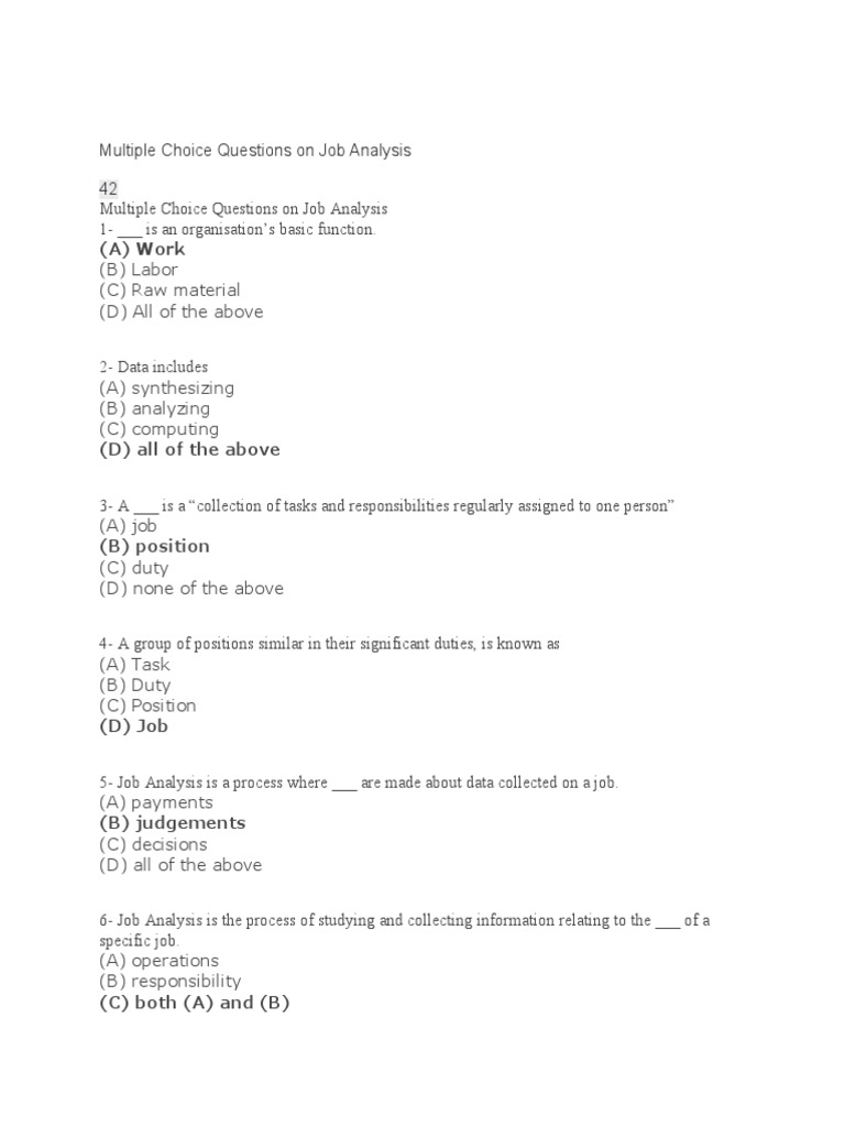Multiple Choice Questions On Job Analysis: (A) Work | PDF