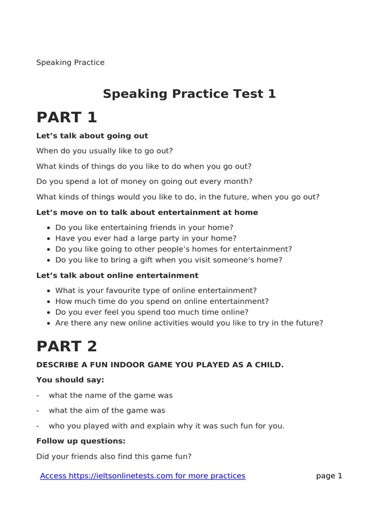 Speaking Practice Test 1: Let's Talk About Going Out | PDF | Chess
