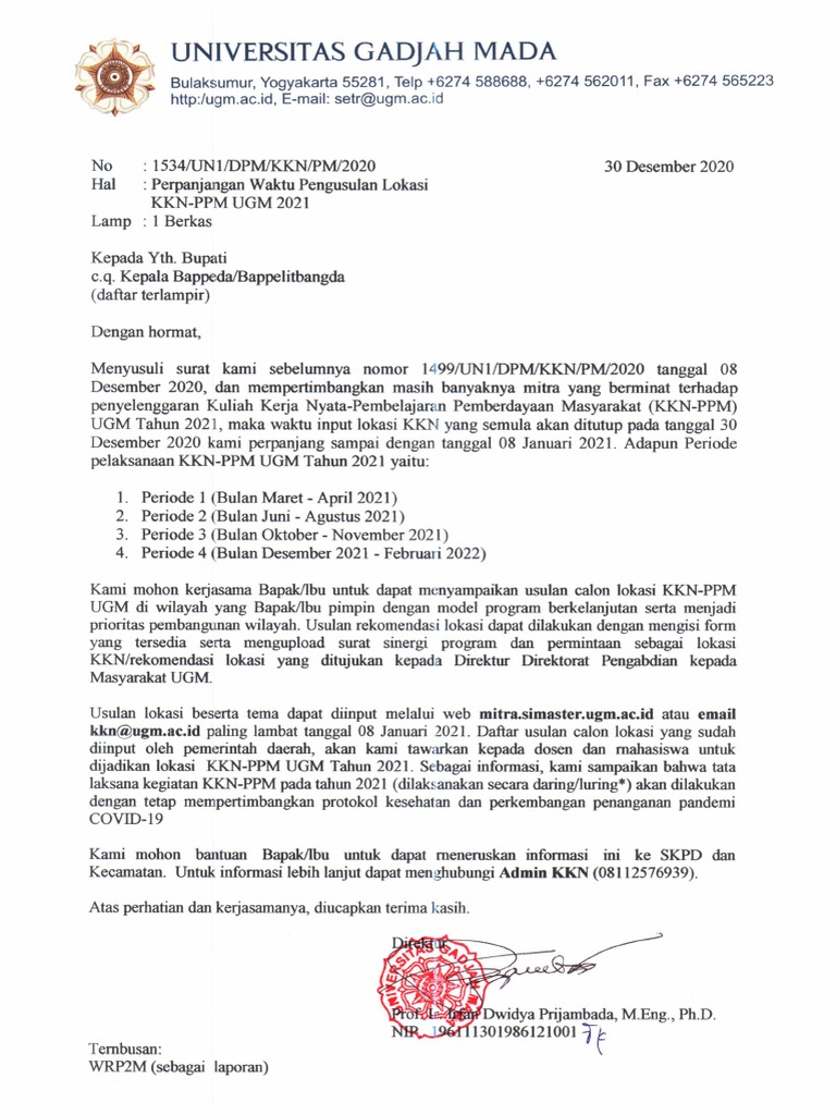 Surat Usulan Lokasi KKN PPM UGM 2021 MITRA - Perpanjangan Waktu | PDF