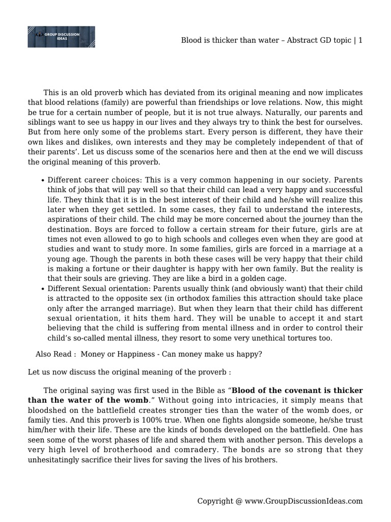 Blood Is Thicker Than Water – Abstract GD Topic | PDF