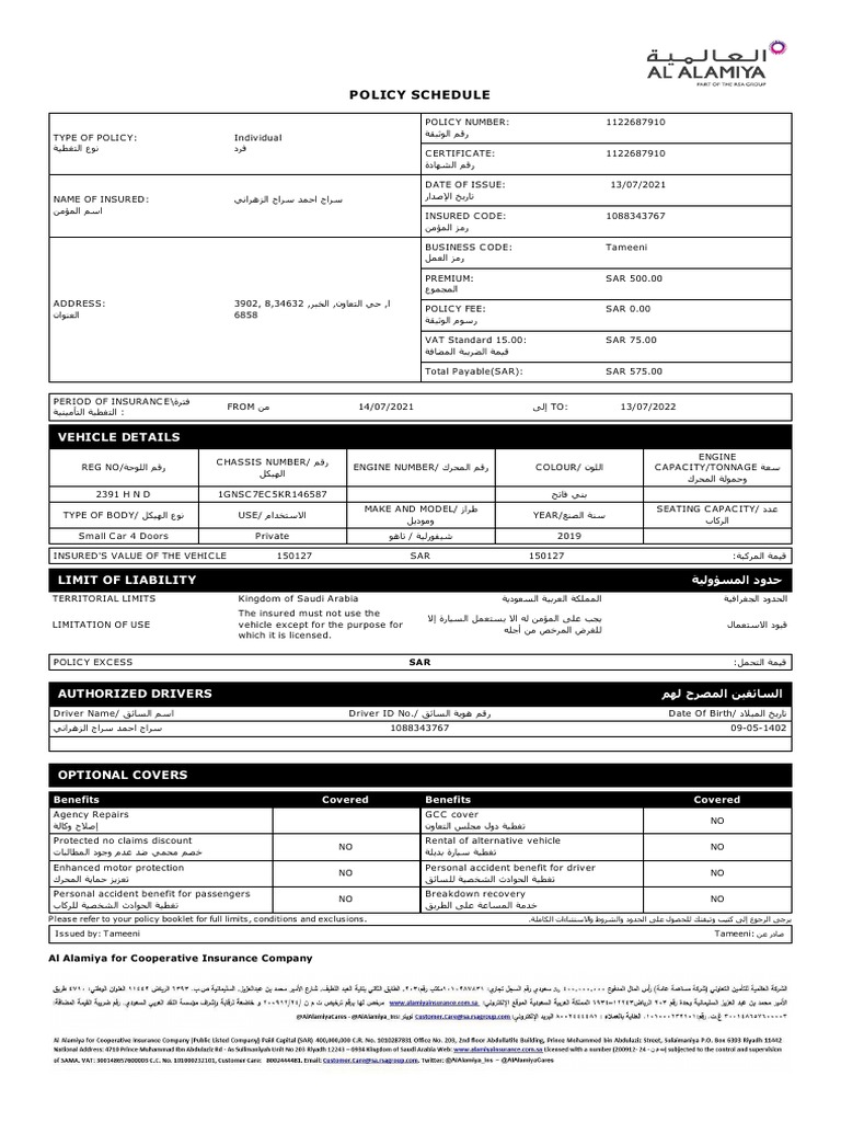 Individual Vehicle Insurance Policy Details | PDF | Indemnity ...