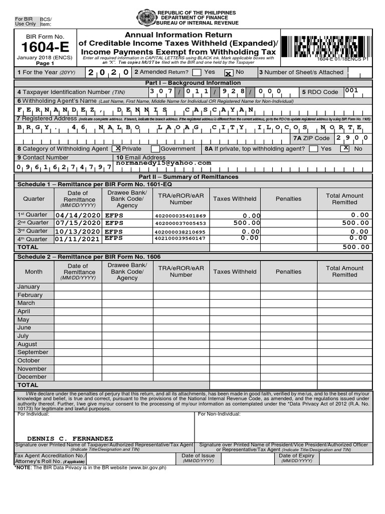 Annual Tax Return: BIR Form 1604-E | PDF | Withholding Tax | Taxpayer