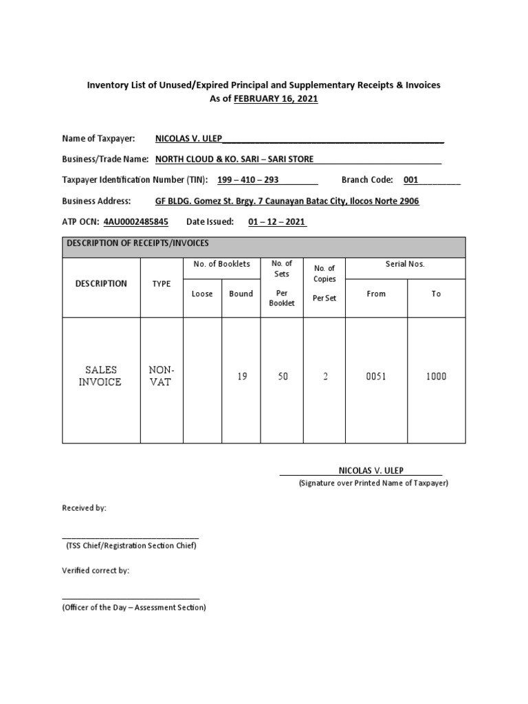 Inventory list of unused pdf