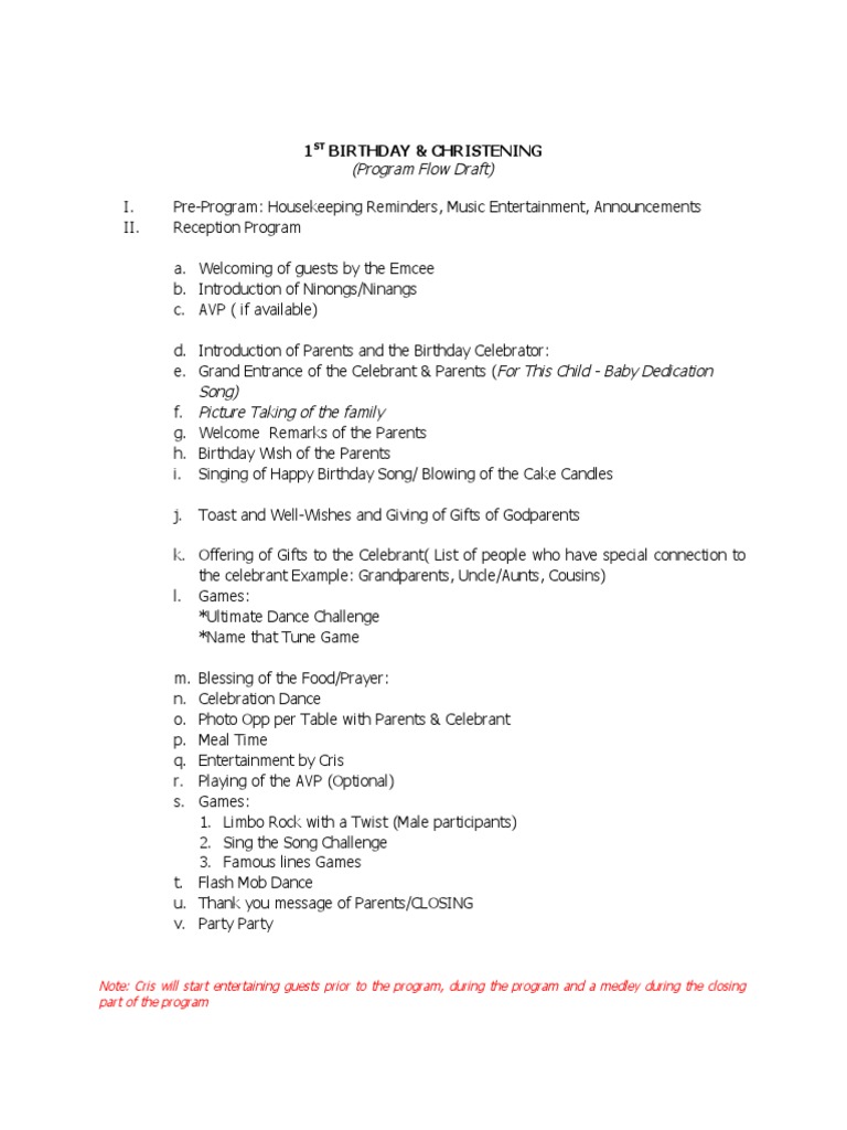  program flow draft 1 birthday christening pdf birthdays