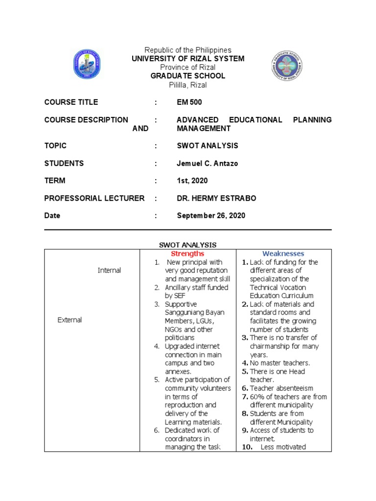 SWOT Analysis for Educational Planning | PDF | Teachers | Schools