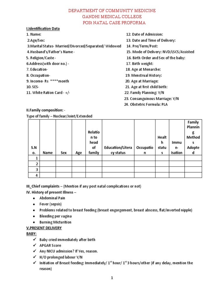 Postnatal Case Proforma Template | PDF | Childbirth | Pregnancy