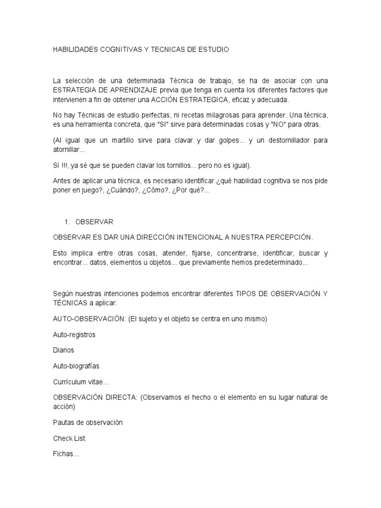 Habilidades Cognitivas y Tecnicas de Estudio | PDF | Habilidades de ...