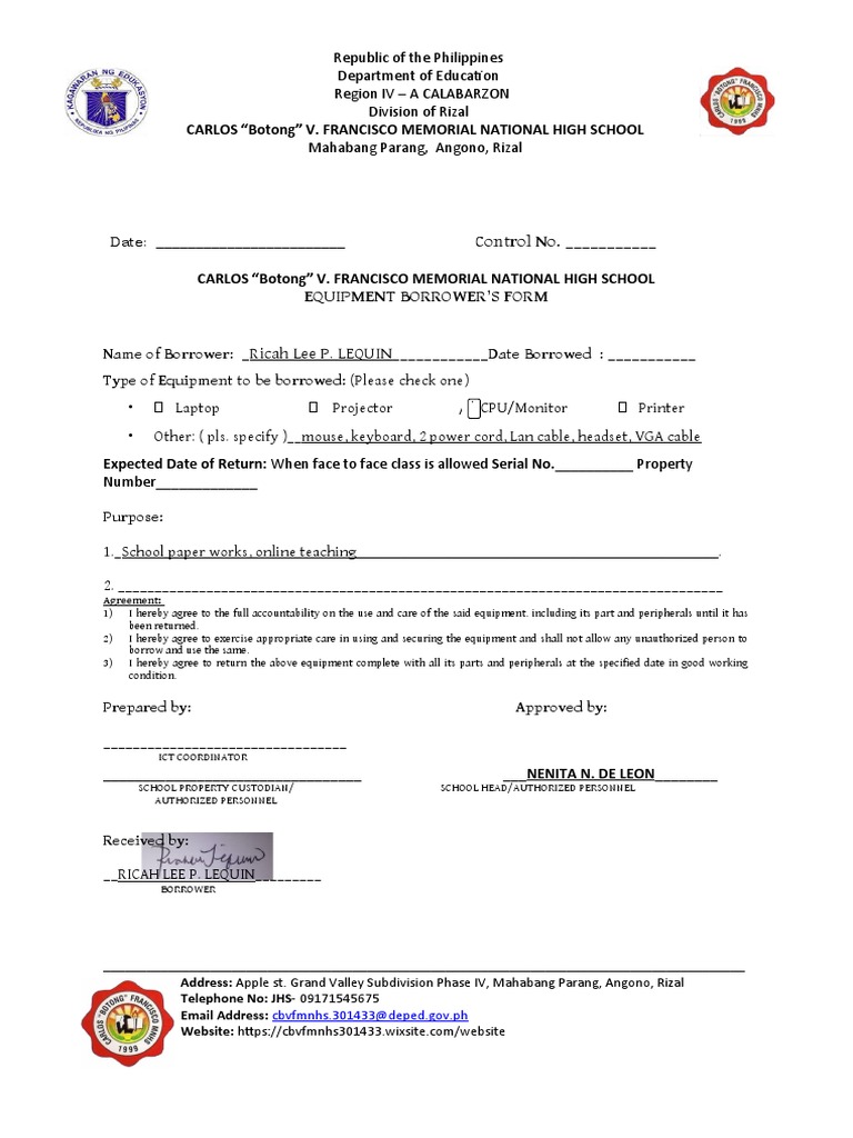Control No. - Equipment Borrower'S Form: - Ricah Lee P. LEQUIN | PDF ...