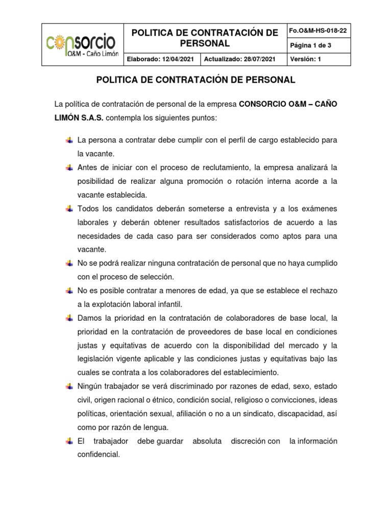 Politica de Contratación de Personal | PDF
