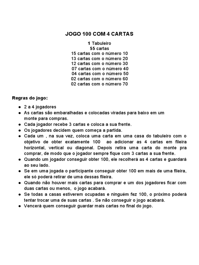 Jogo 100 Com 4 Cartas