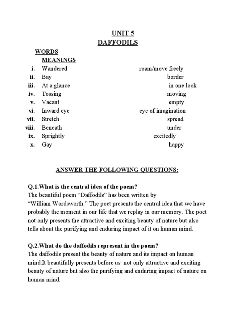 Class 9th Unit 5 Daffodils PDF Poetry