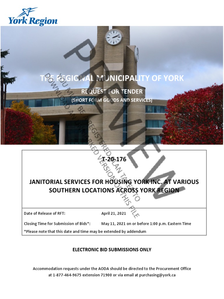 Request for Tender for Janitorial Services at Various Housing York Inc