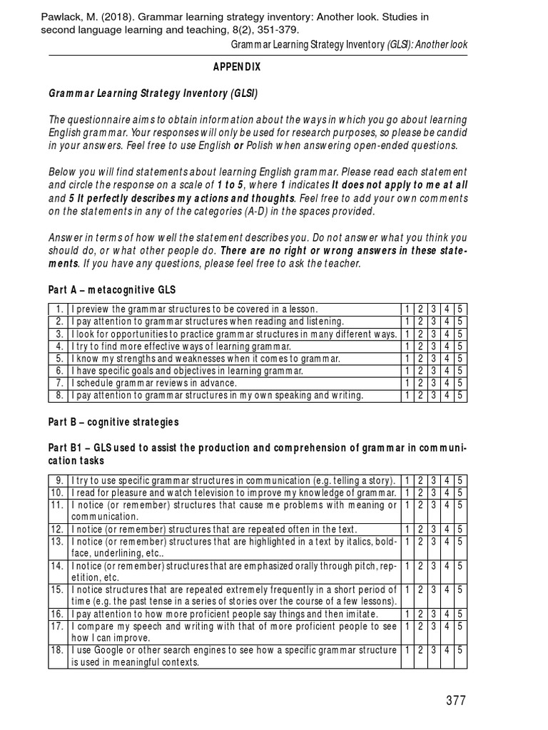 Grammar Learning Strategy Inventory Guide | PDF | Second Language | Grammar