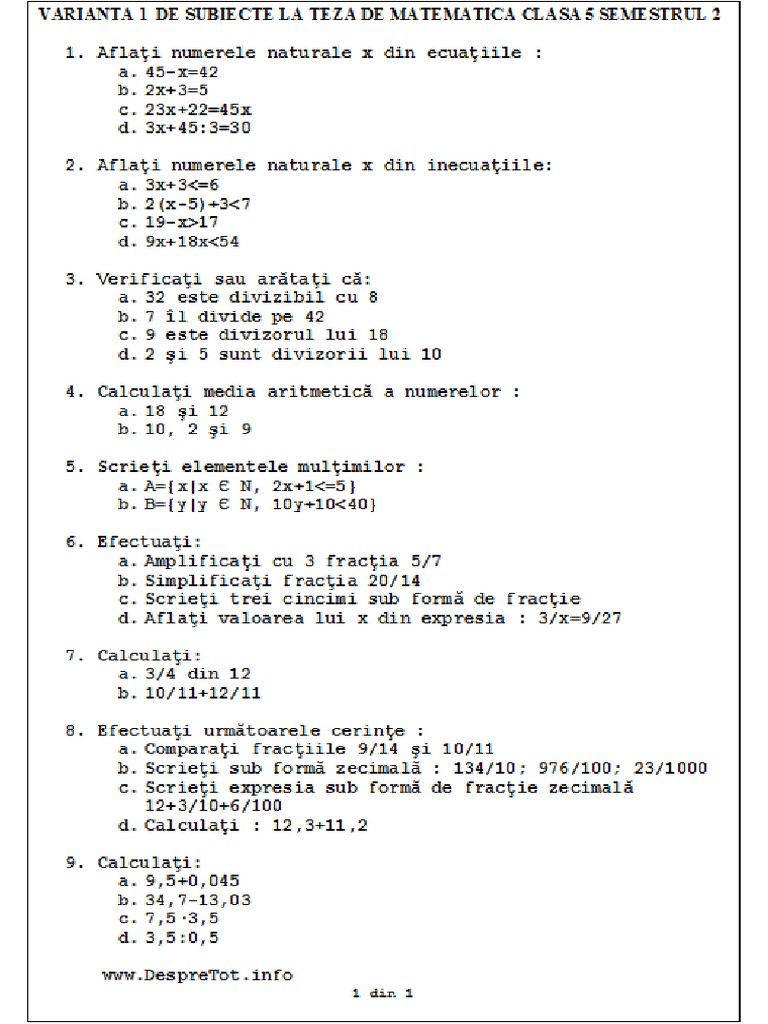 Varianta 1 de Subiecte La Teza Matematica Clasa 5 Sem 2 | PDF
