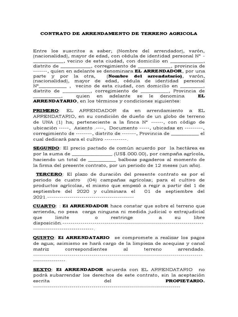 Formato de Contrato de Arrendamiento de Terreno | PDF