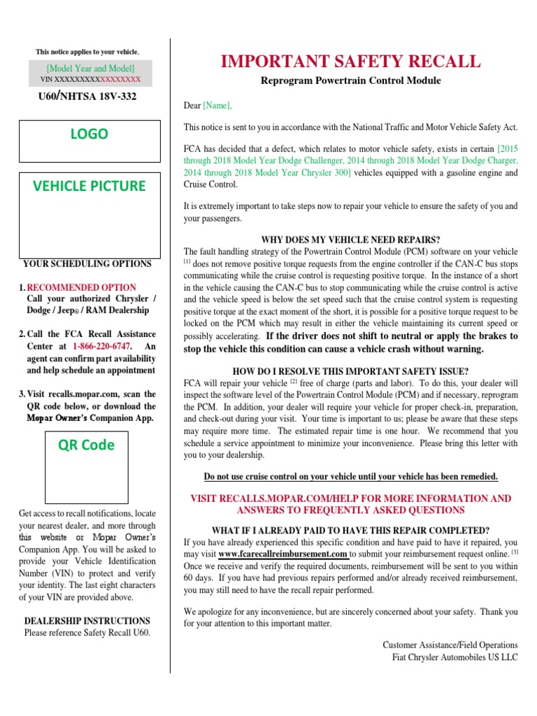 Important Safety Recall U60 NHTSA 18V332 Reprogram Powertrain Control