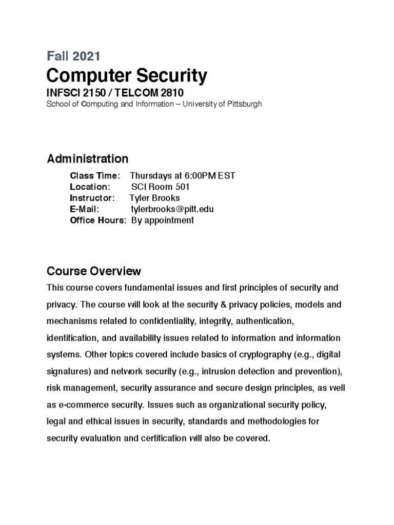 Fall 2021 Syllabus Pdf Cryptography Information Security
