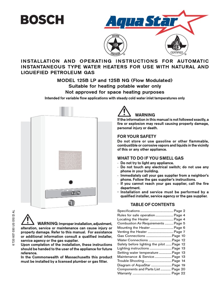 Bosch Aquastar 125b Manual PDF Chimney Water Heating
