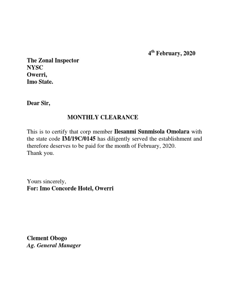 NYSC Monthly Clearance Letters Sample | PDF