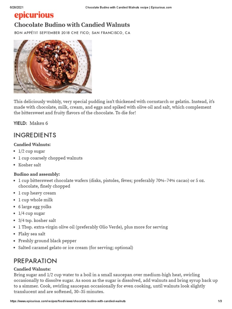 Chocolate Budino With Candied Walnuts Recipe PDF Chocolate Custard