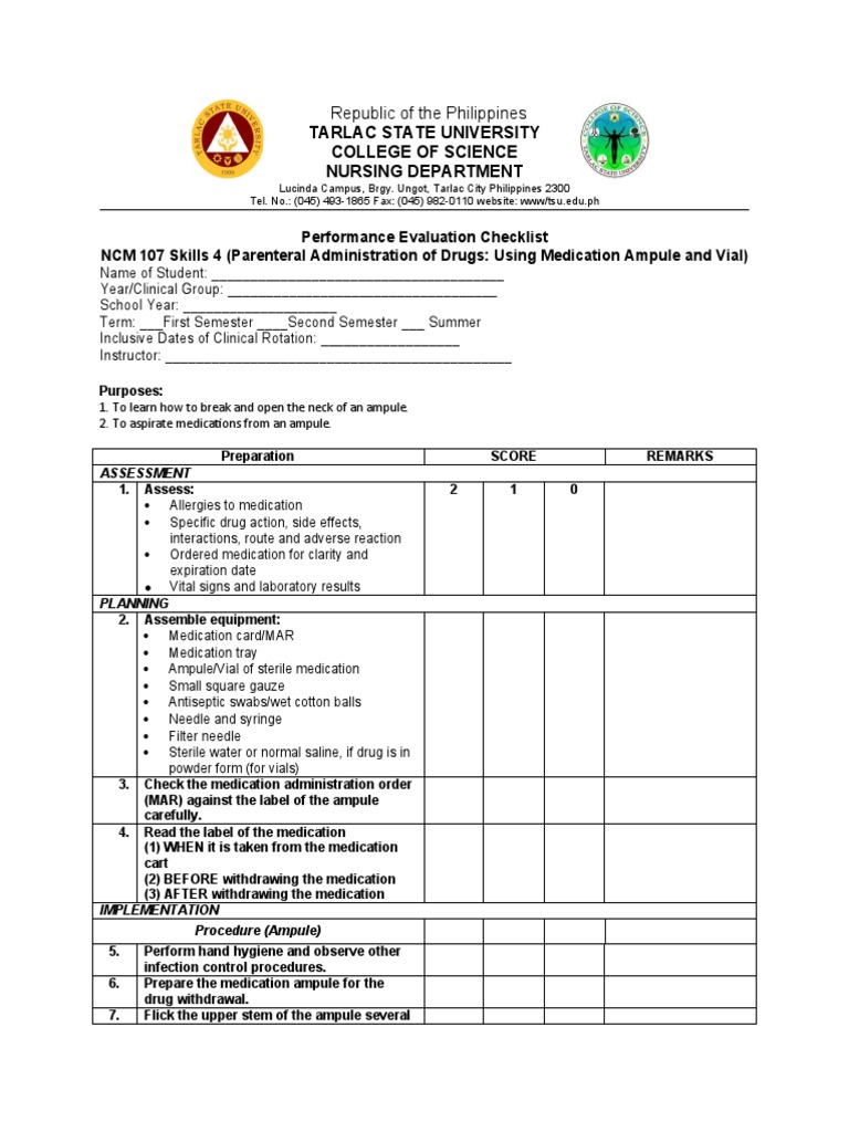 Nursing Skills Evaluation Checklist | PDF | Intravenous Therapy | Syringe