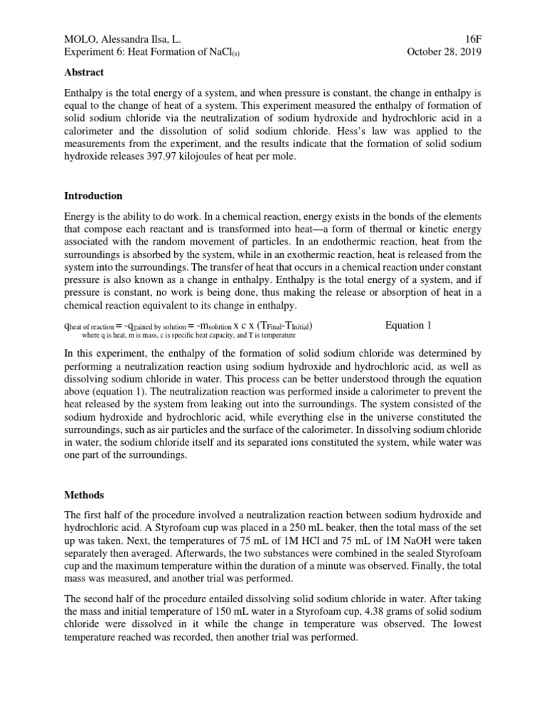 Chem 21.12 PostLab 6 PDF Sodium Hydroxide Enthalpy