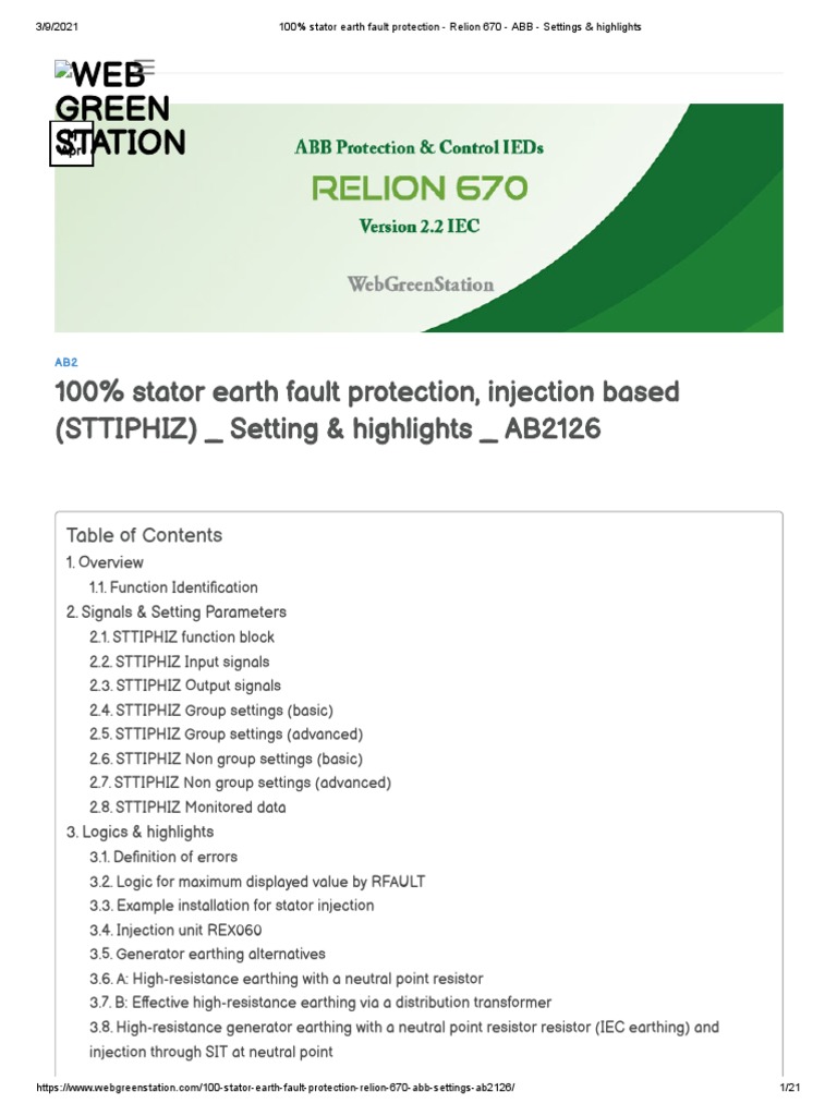 100 Stator Earth Fault Protection Relion 670 ABB Settings
