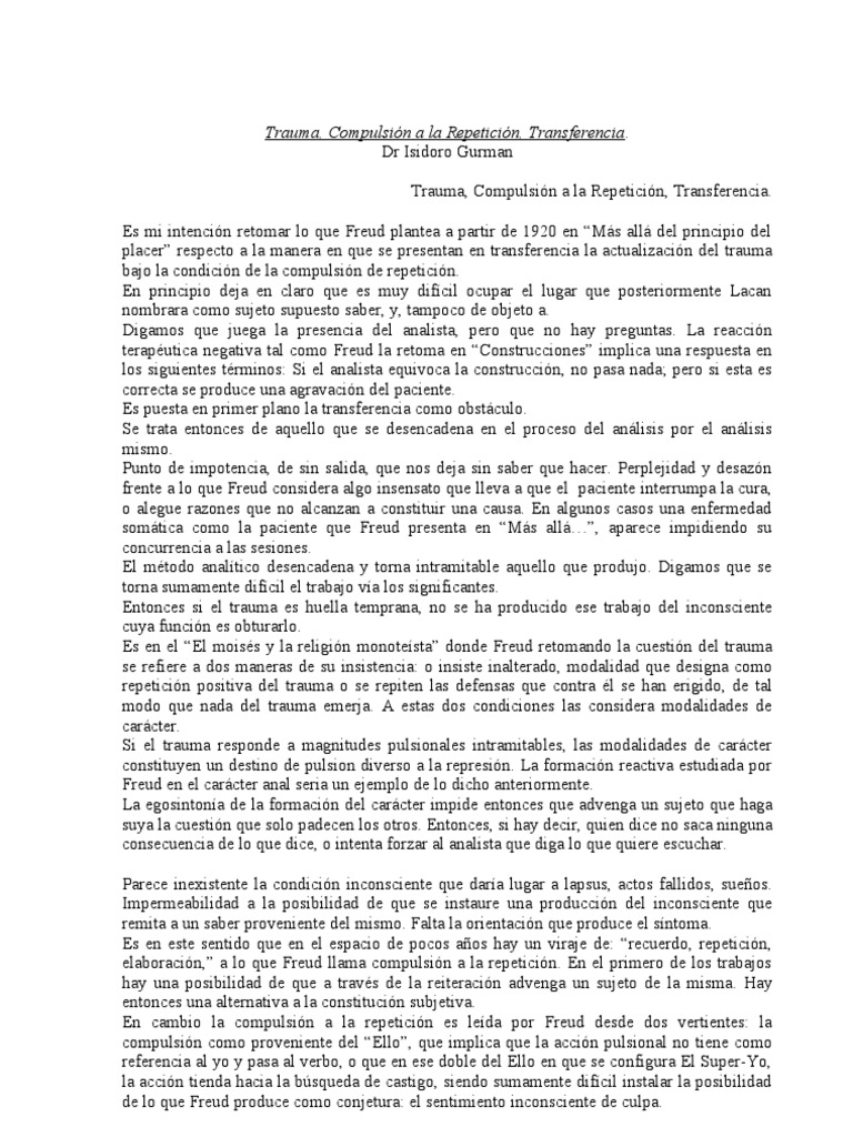 Trauma, Compulsión A La Repetición, Transferencia