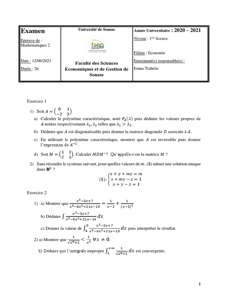 Examen Mathématiques 2 - 2021 | PDF | Limite (mathématiques ...