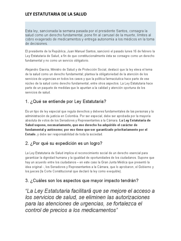 Ley Estatutaria de La Salud | PDF | Derecho Constitucional ...