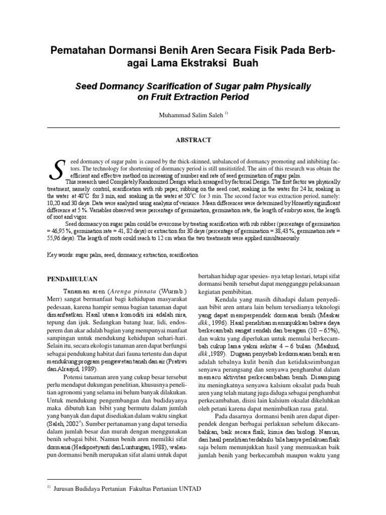 Pematahan Dormansi Benih Aren Secara Fisik Pada Berbagai
