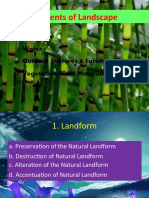 Elements of Landscape: 1. Landform 2. Water 3. Outdoor Features & Furniture 4. Vegetation/Plant Materials